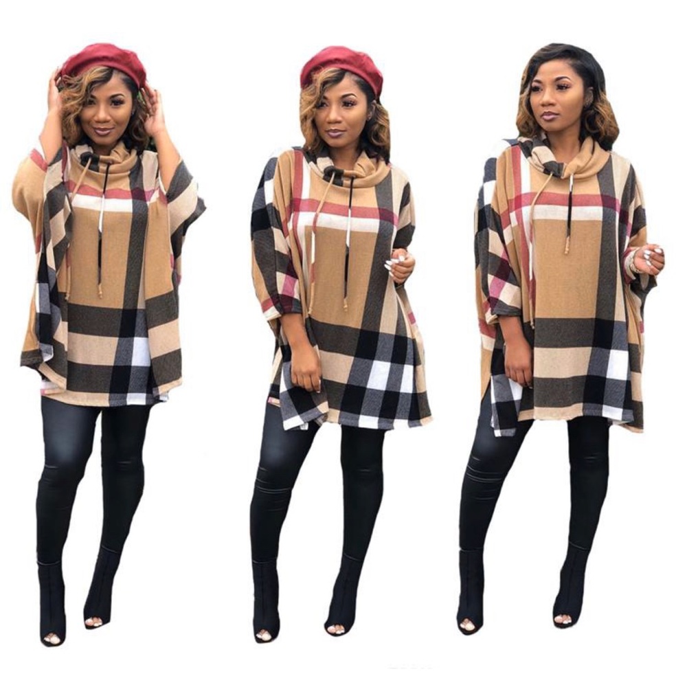 Tan plaid print hoodie sweater dress pullover